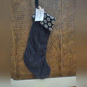 Nicole Miller Home Black cable-knit Christmas stocking White Snowflakes NWT